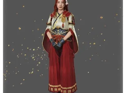 Official collab artwork showing the Hinoa outfit for the Oni Lady